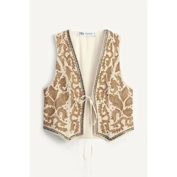 Zara Womens Vest Large S Ecru Embroidered Studded Limited Ed 7521/101 NWT - Picture 2 of 15